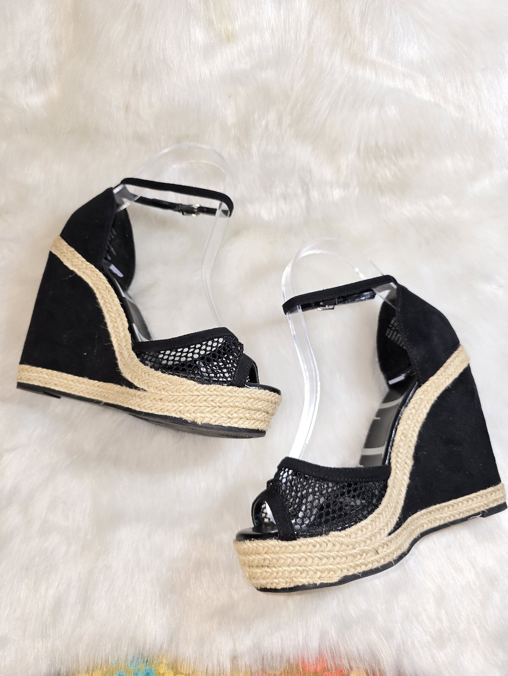 Elle Black and Natural Espadrille Wedge Sandals